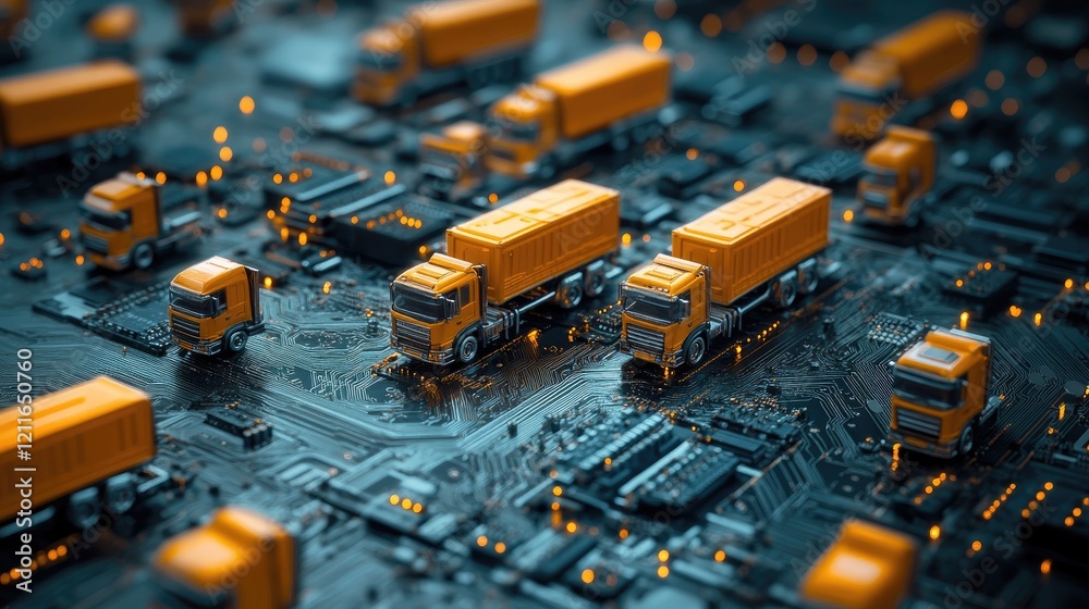 Poster a digital circuit board backdrop with miniature orange trucks scattered across it, symbolizing the m