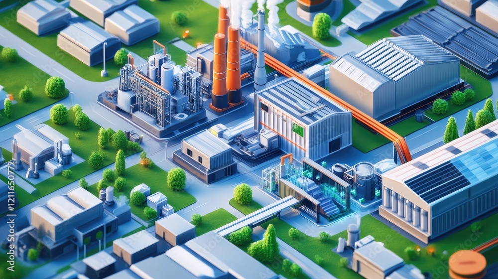 Poster a digital isometric view of a cutting-edge industrial complex with integrated sustainable technology