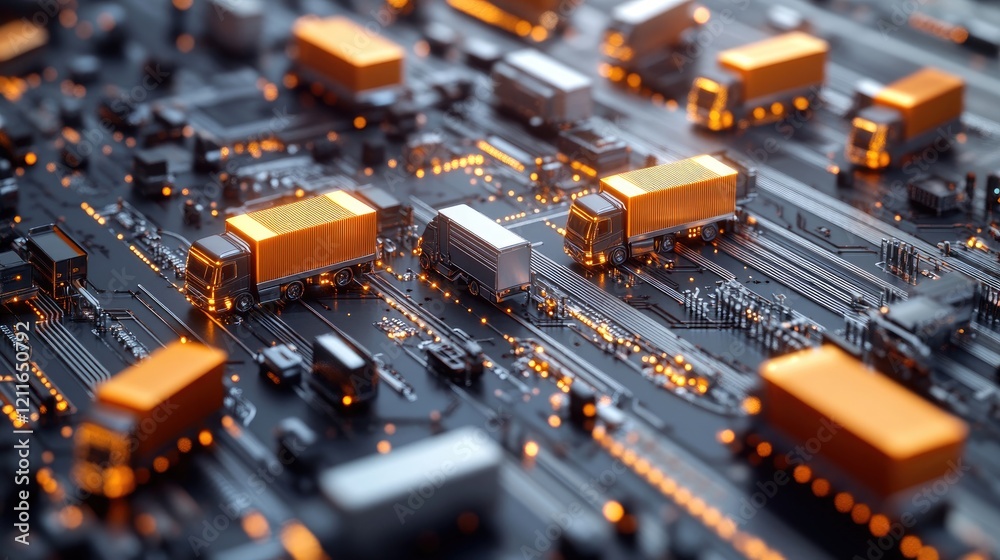 Poster a digital circuit board backdrop with miniature orange trucks scattered across it, symbolizing the m