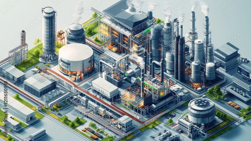 Poster a digital isometric view of a cutting-edge industrial complex with integrated sustainable technology
