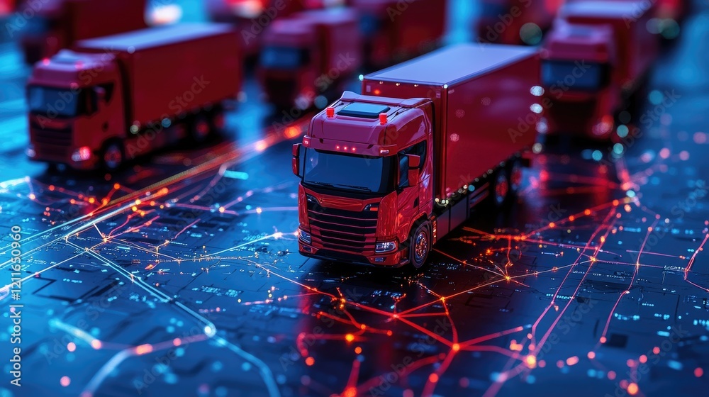 Aufkleber a digital map with close-up red trucks, highlighting concepts of logistics, transportation, and prec