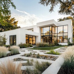 White stucco exterior and large windows in a suburban home with angular garden stones.