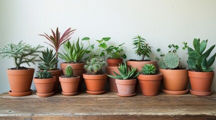Fototapeta premium Collection of potted succulents and cacti on a rustic wooden table against a light wall background