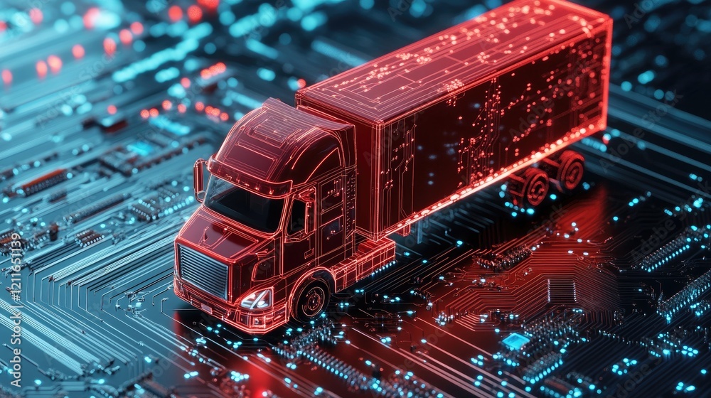 Aufkleber a digital rendering of a red cargo truck on a circuit board, symbolizing cutting-edge technology in 