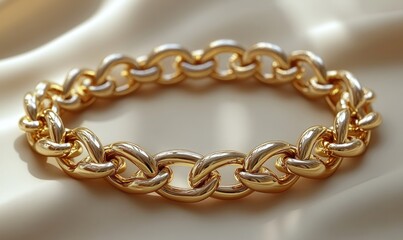 Obraz premium Gold chain bracelet, luxurious, shiny, rests on silk.