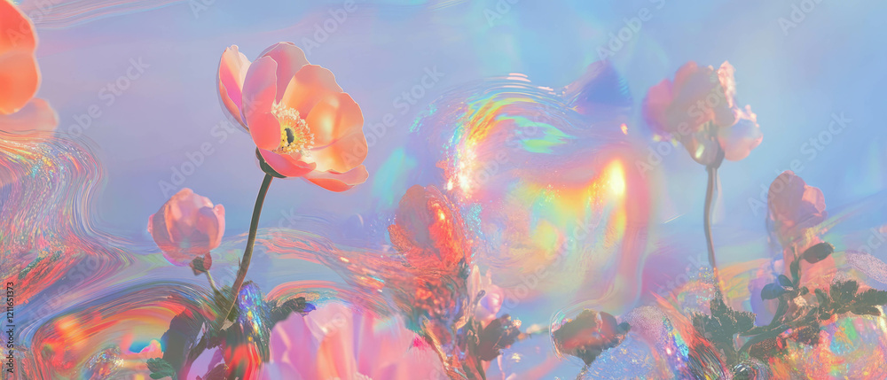 Poster holographic floral patterns create a vibrant and abstract background for creative designs