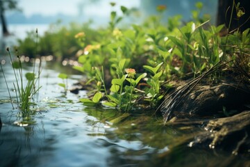 Small orange flower growing among lush green vegetation on tranquil river bank on sunny summer day