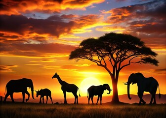 Fototapeta na wymiar Majestic Kenyan Wildlife Silhouettes at Sunset - African Safari