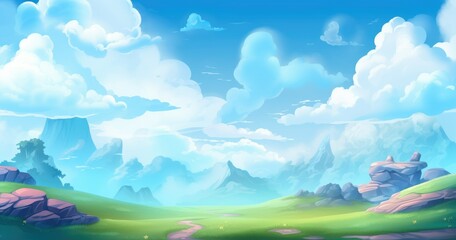 Fototapeta premium A serene landscape featuring mountains, clouds, and a vibrant green field.