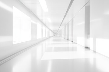 Obraz premium Bright, minimalist white corridor with windows and shiny floor.