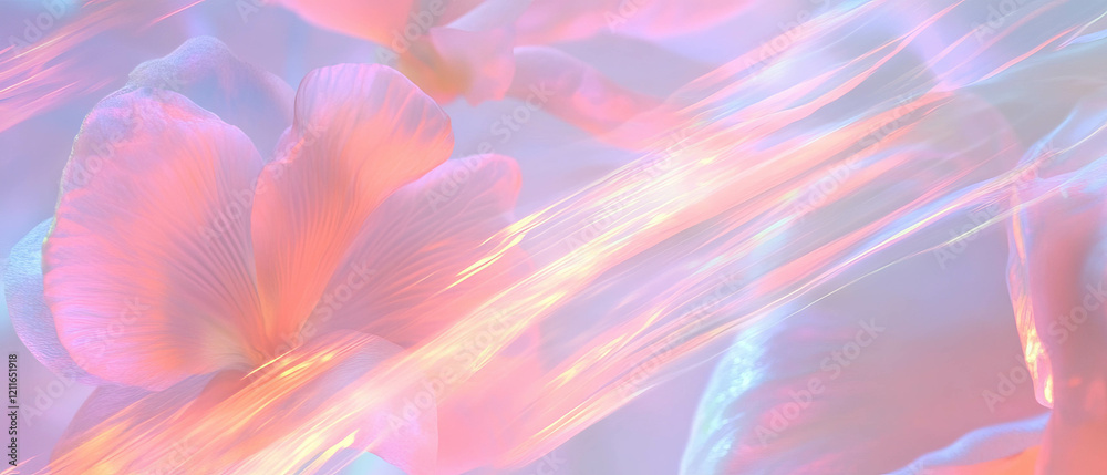 Poster holographic light rays intertwine with floral elements to create a spiritual atmosphere