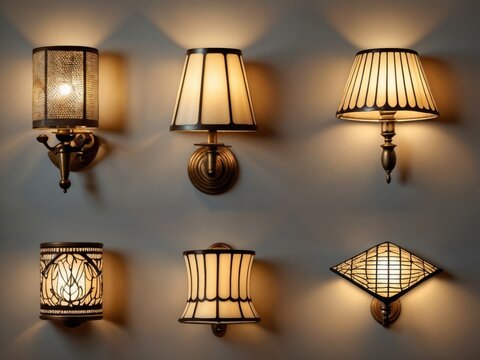 Set of lit wall lamps with various designs and shades are mounted on a wall