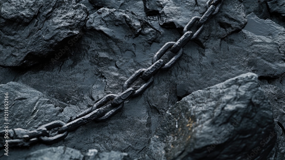 Poster a dramatic scene of a broken chain resting on dark, rough gray rocks, against a shadowy background, 