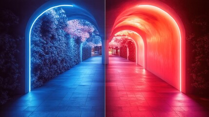 Vibrant illuminated pathways with blue and red neon lights flanked by lush greenery at night