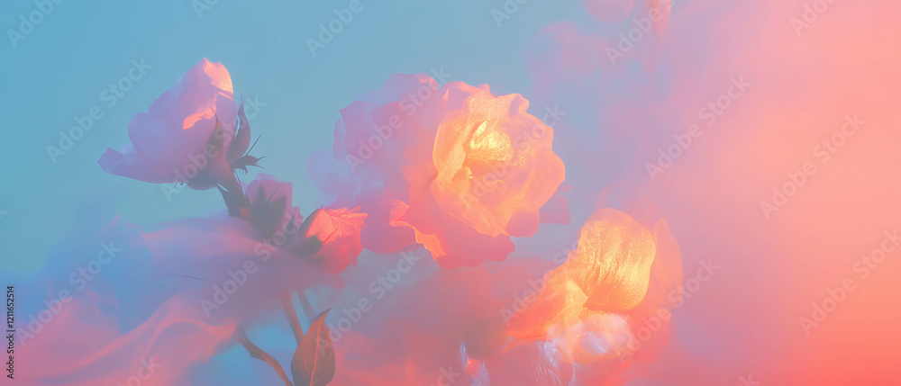 Poster holographic smoke with illuminated flowers creating a mystical atmosphere
