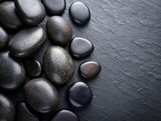 Fototapeta premium Smooth Black Spa Stones Top View Background with Copy Space - Perfect for Wellness & Relaxation