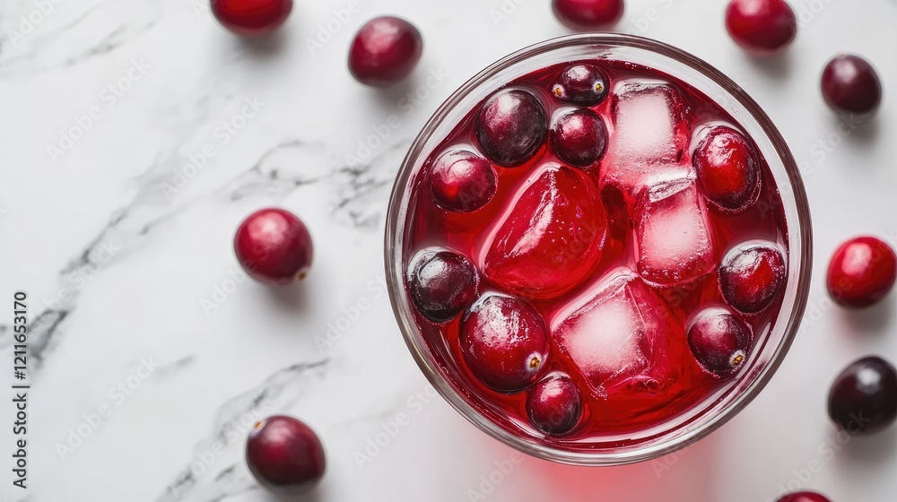 Poster a dynamic shot of cranberry syrup flowing into a glass, captured in the middle of its motion, on a m