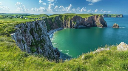 Coastal Village Nestled Beside Dramatic Cliffs and Emerald Sea