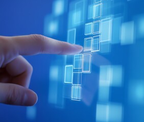 Finger interacting with a futuristic, digital interface of glowing squares.