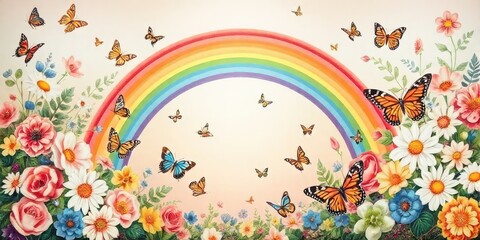 a mix of floral and butterfly motifs, with a striking rainbow as the focal point.