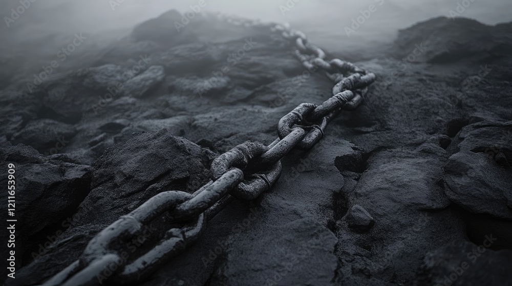 Poster a fragmented chain rests on jagged gray rocks, surrounded by a dark, ominous atmosphere symbolizing 