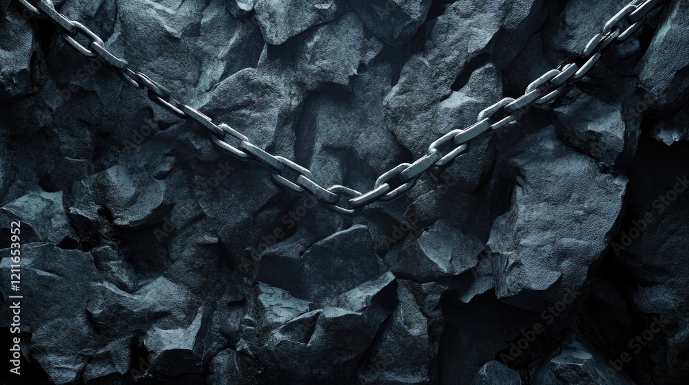 Poster a fragmented chain rests on jagged gray rocks, surrounded by a dark, ominous atmosphere symbolizing 