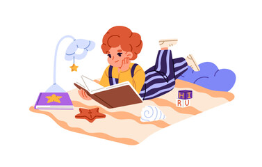 Cute kid lying on the floor, reads stories, novels with lamp. Happy little girl holds paper book with fairy tales. Child studies, learning with textbook. Flat isolated vector illustration on white