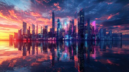 Fototapeta premium A futuristic city at sunset, with colorful buildings and water reflections that create a mesmerizing contrast under a dramatic sky.