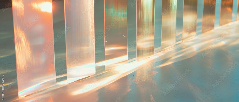 Poster light streaks reflecting off metallic surfaces create an abstract modern background
