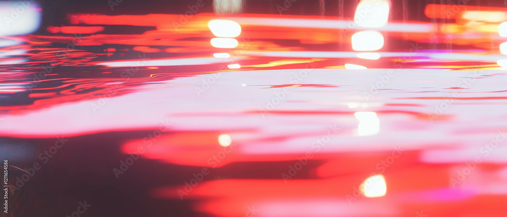 Poster light streaks create vibrant reflections on a wet surface during a rainy atmosphere