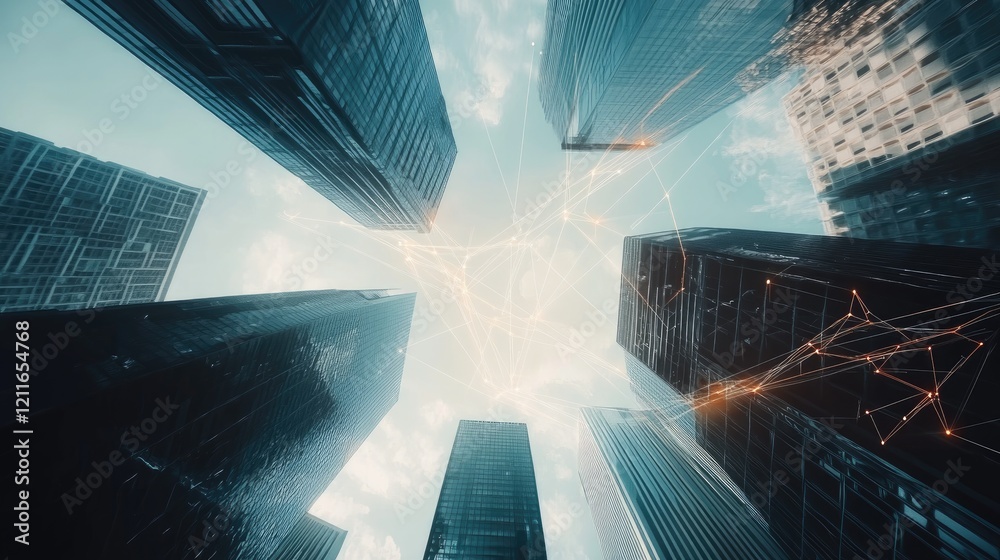 Poster A futuristic cityscape with towering skyscrapers and digital lines of data flowing through them, symbolizing the integration of AI technology in urban development.
