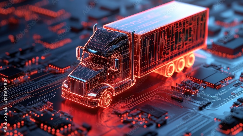 Poster a futuristic digital cargo truck highlighted in red, positioned on a circuit board, symbolizing the 