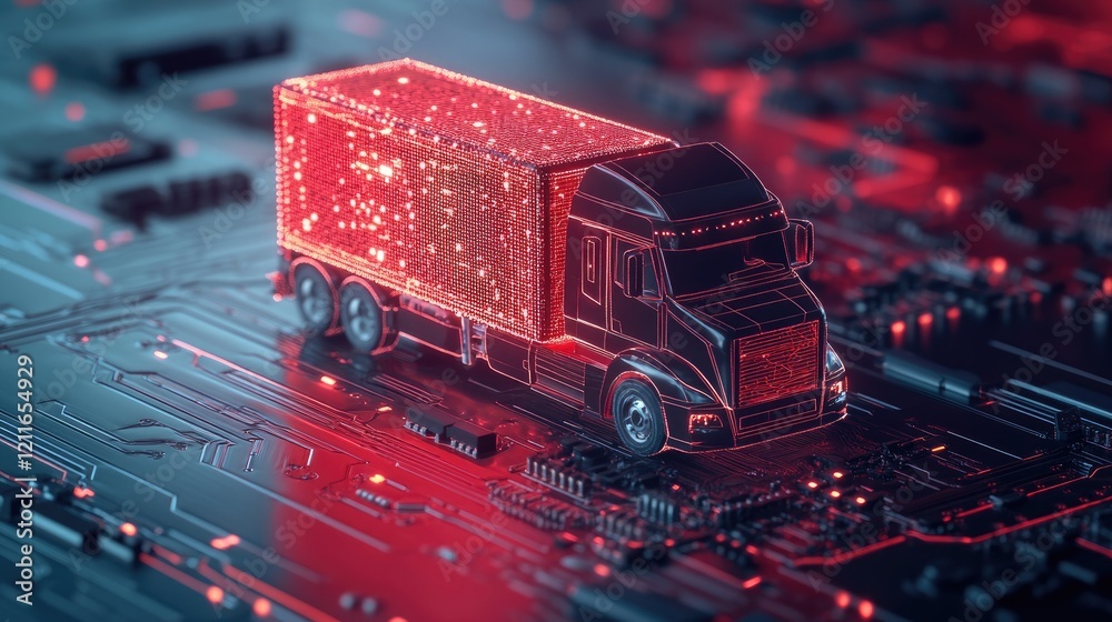 Poster a futuristic digital cargo truck highlighted in red, positioned on a circuit board, symbolizing the 