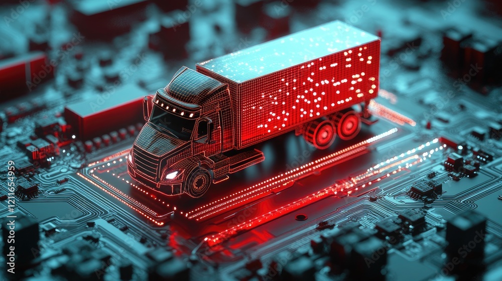 Poster a futuristic digital cargo truck highlighted in red, positioned on a circuit board, symbolizing the 