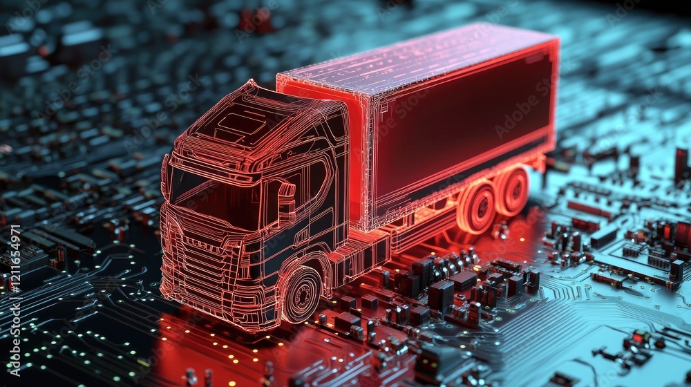 Poster a futuristic digital cargo truck highlighted in red, positioned on a circuit board, symbolizing the 