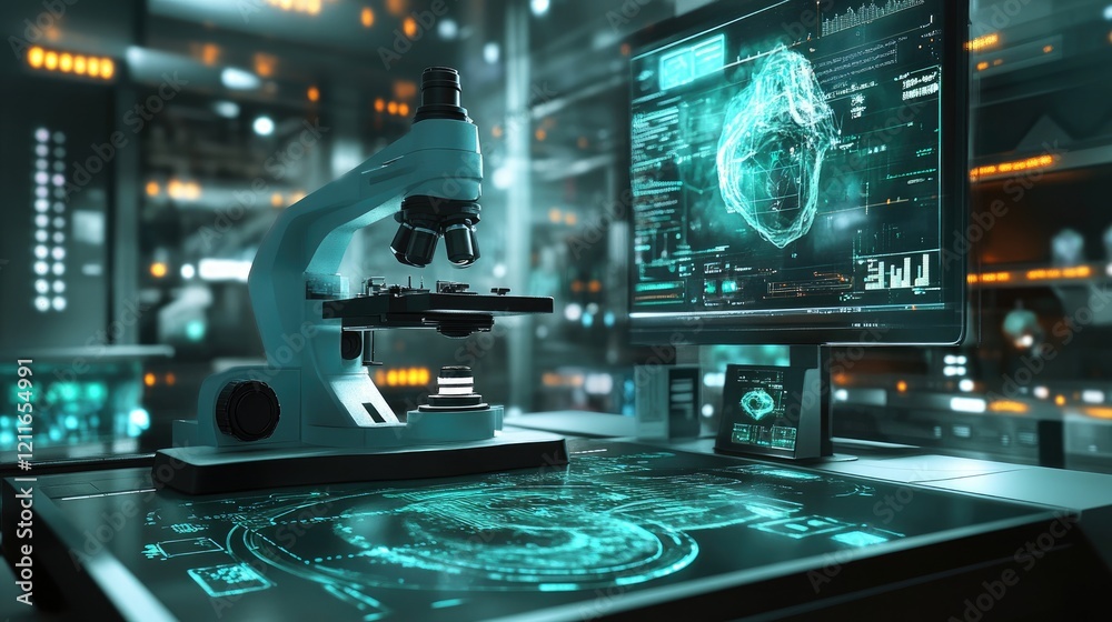 Poster a futuristic digital microscope with holographic projections, demonstrating the intersection of inno