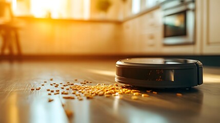 Fototapeta premium Robotic Vacuum Cleaner Efficiently Cleaning Scattered Cereal on Modern Kitchen Floor