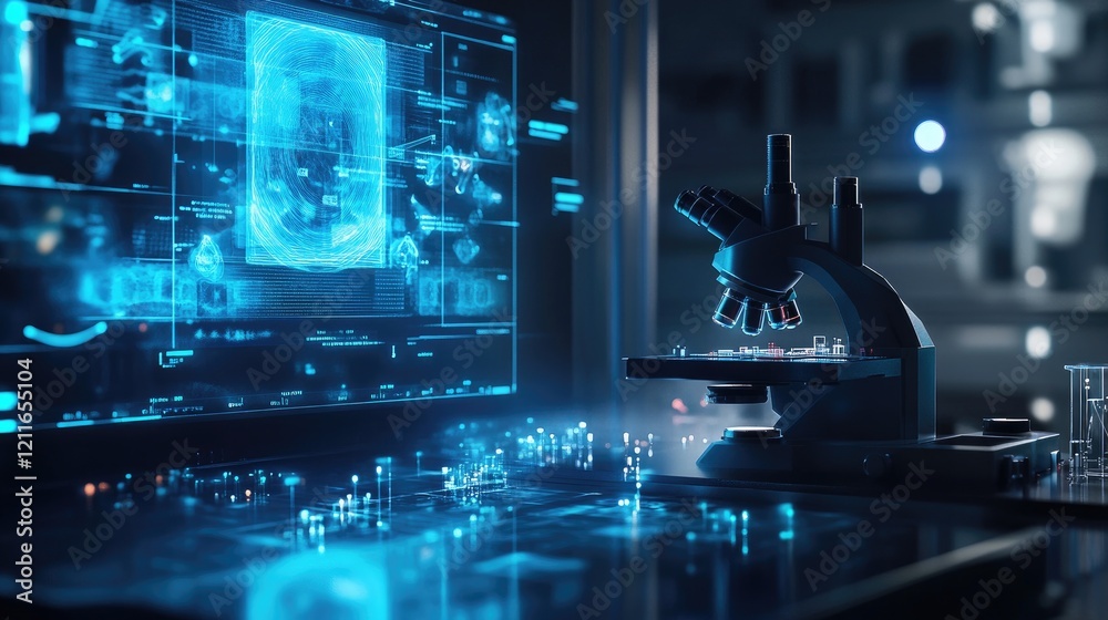 Poster A futuristic digital microscope with holographic projections, demonstrating the intersection of innovation and education in scientific research.