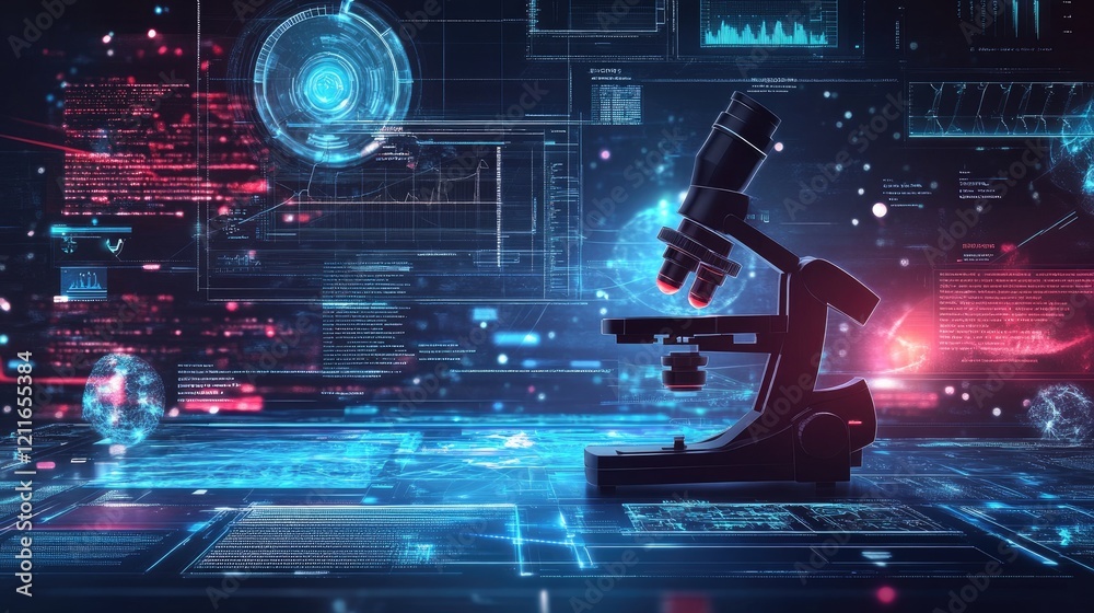 Poster A futuristic microscope with digital and holographic interfaces, symbolizing the evolution of science and technology in education.