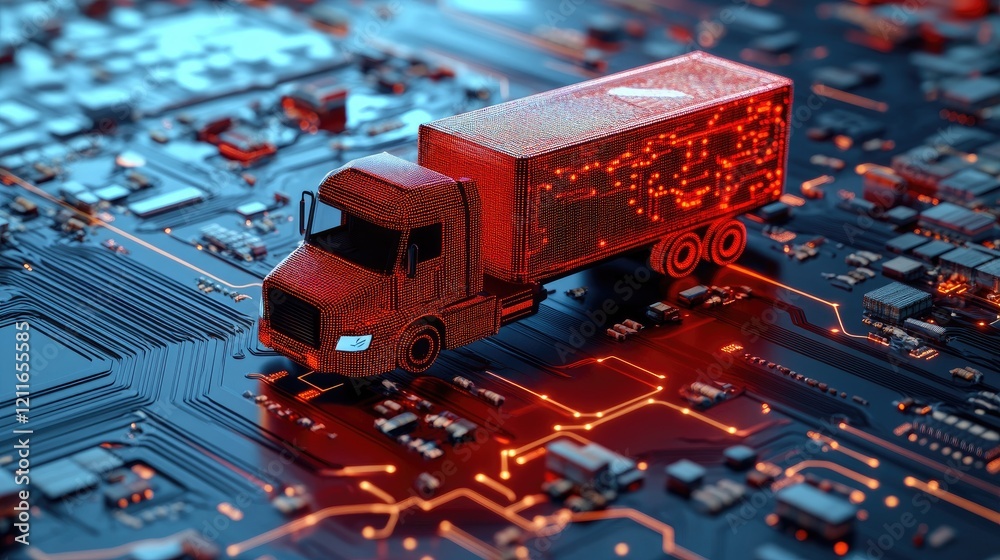 Poster a futuristic red digital cargo truck on a high-tech circuit board, showcasing the integration of adv