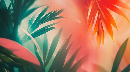 Teal and Coral Tropical Leaf Background