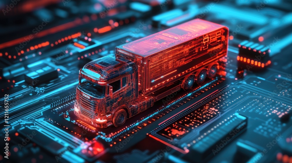 Poster a futuristic red digital cargo truck on a high-tech circuit board, showcasing the integration of adv