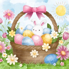 Easter brown Basket with colorful eggs and white bunny, pink bow.
