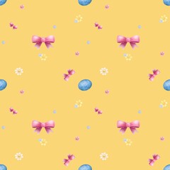 Adorable Easter Bunny with Eggs and Flowers in a Basket Against a Cheerful Spring Background. seamless pattern with flowers, yellow backgroud. for print, clothes and paking.