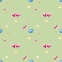 Springtime Celebration: Easter Eggs, and a Ribbon in a Sunny Field. Many flowers on green background. Pattern or seamless