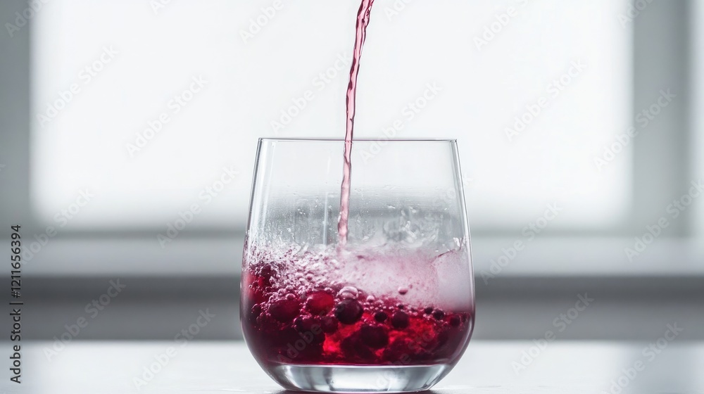 Poster A gentle pour of cranberry syrup mixes with water in a glass, creating a beautiful ombre effect that transitions from deep red to clear.
