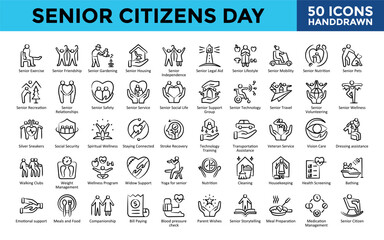 Senior Citizens Day icons set with senior exercise, senior friendship, senior gardening, senior housing, senior independence, senior legal aid, senior lifestyle icon. Simple handdrawn vector 
