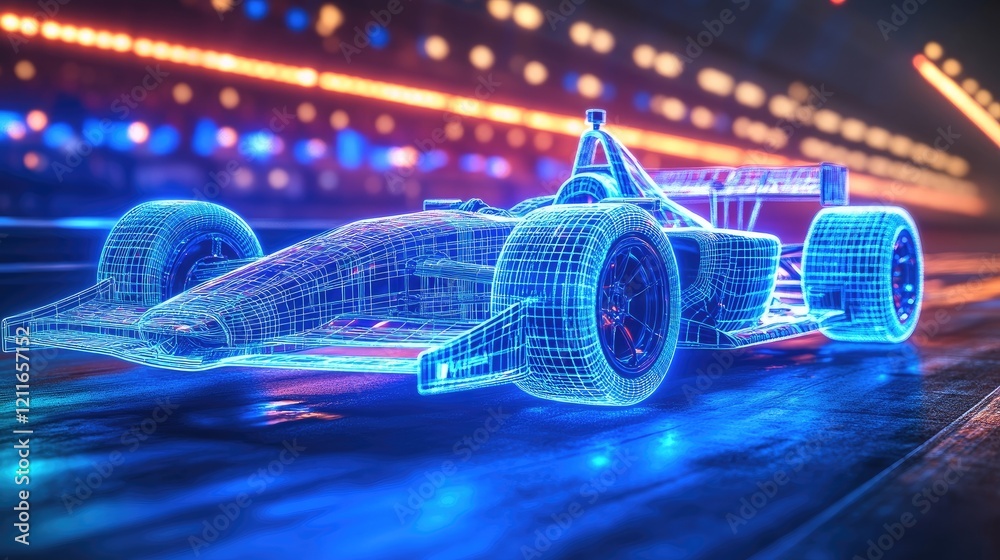 Poster A glowing wireframe of an Indy car with racing wheels, set on a track with blue lights emphasizing its motion and high-speed capabilities.