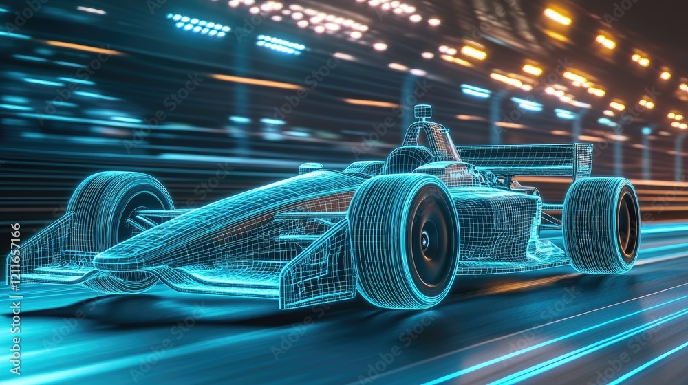 Poster A glowing wireframe of an Indy car with racing wheels, set on a track with blue lights emphasizing its motion and high-speed capabilities.