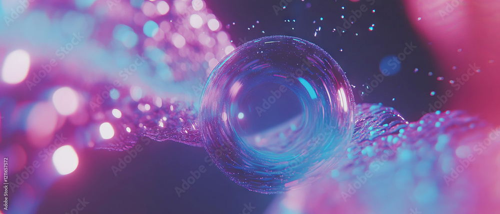 Poster particles flow through a vibrant blockchain with a central focus and energetic design